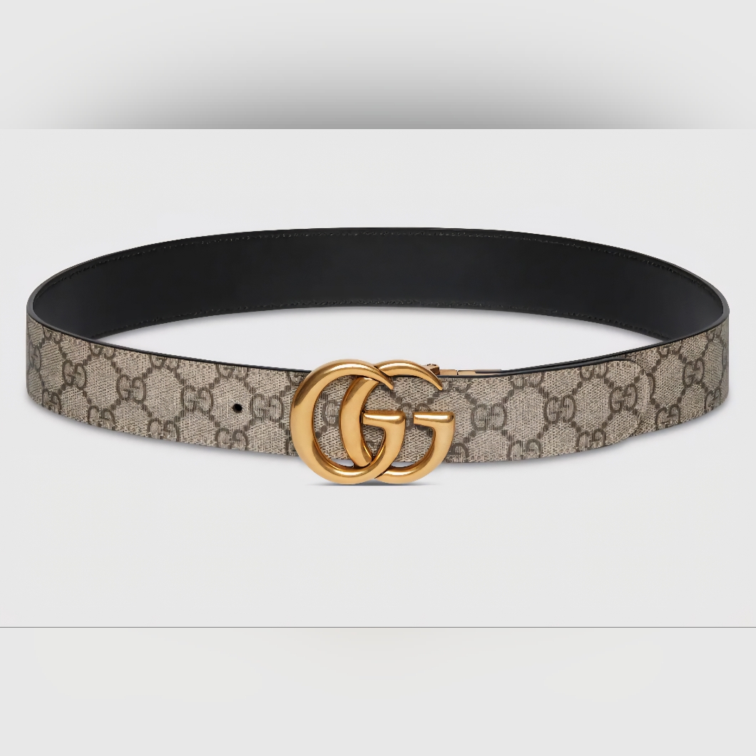 Gucci Beige Monogram Belt With Gold Buckle Reversible Unisex 28" Waist